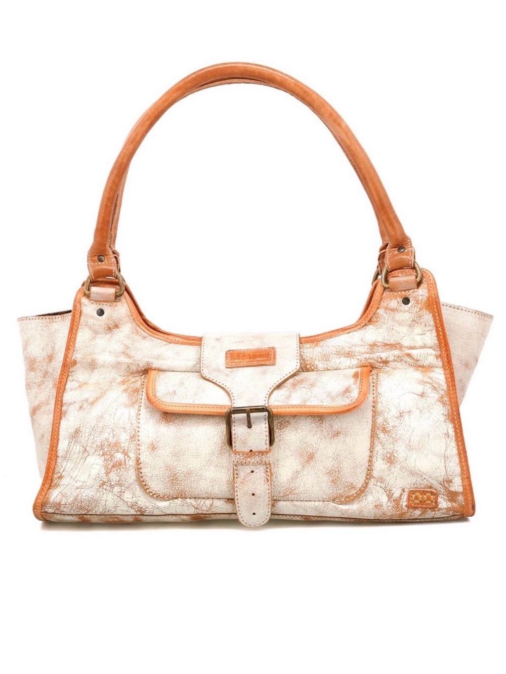 Bed Stu Cream and Tan Distressed Leather Shoulder Bag